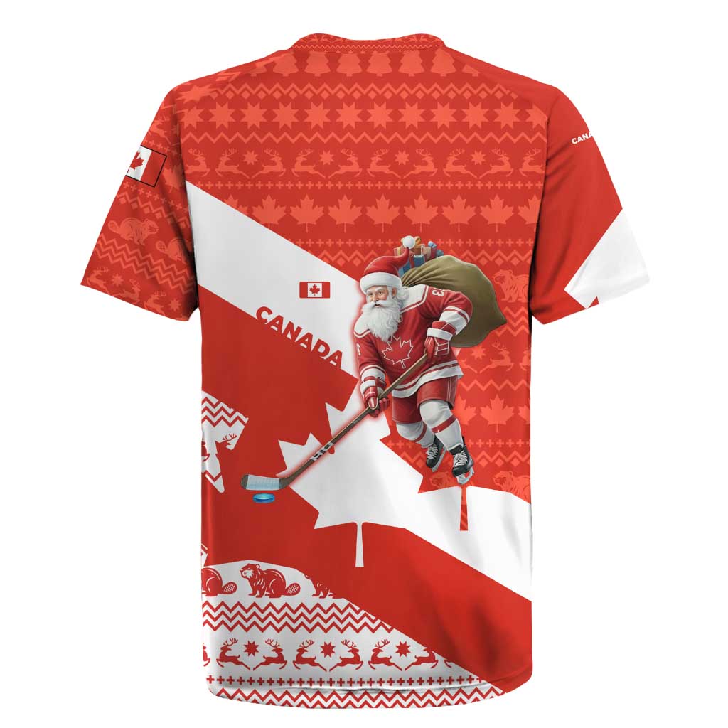 Canada Christmas Rugby Jersey with Santa Playing Hockey Maple Leaf Flag and Red White Knit Pattern Design - Wonder Print Shop