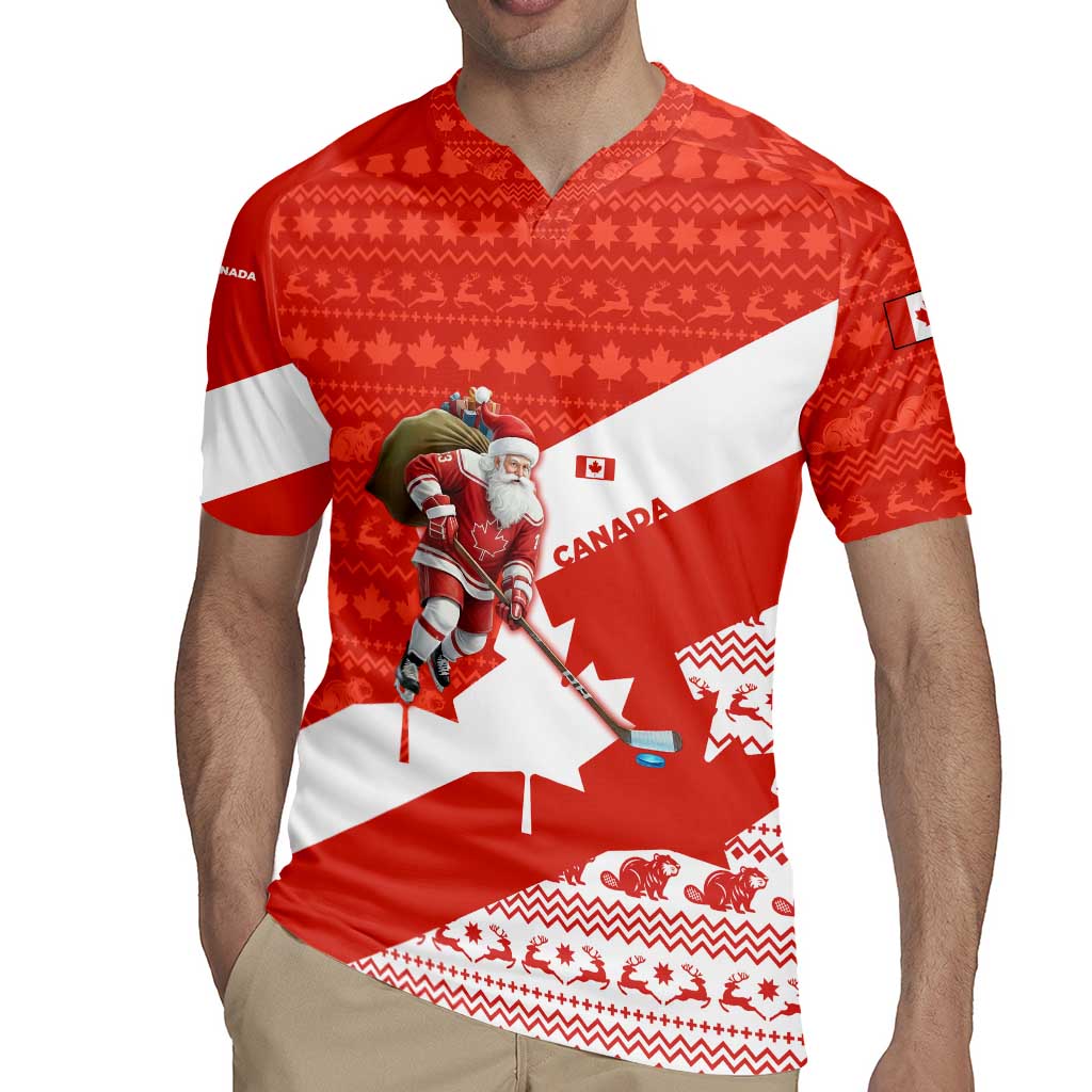 Canada Christmas Rugby Jersey with Santa Playing Hockey Maple Leaf Flag and Red White Knit Pattern Design - Wonder Print Shop