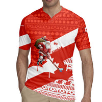 Canada Christmas Rugby Jersey with Santa Playing Hockey Maple Leaf Flag and Red White Knit Pattern Design - Wonder Print Shop