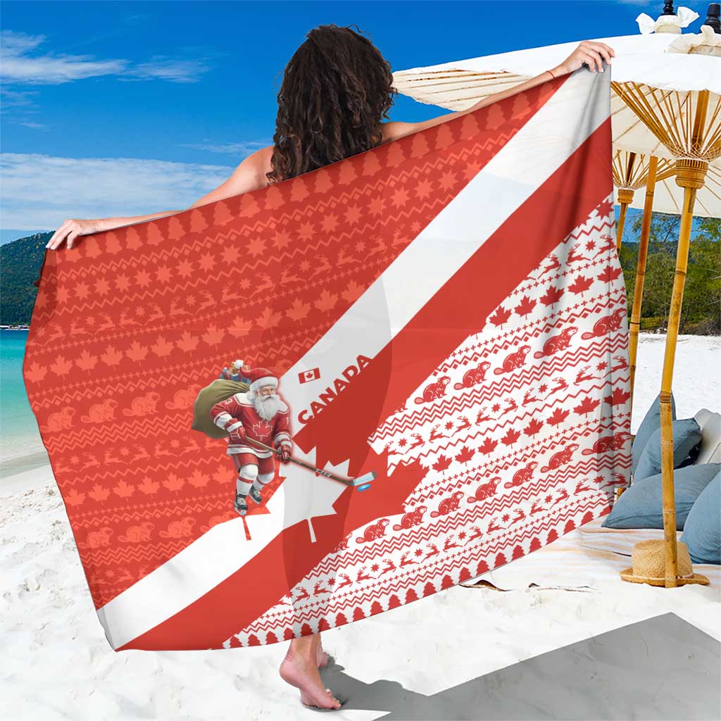 Canada Christmas Sarong with Santa Playing Hockey Maple Leaf Flag and Red White Knit Pattern Design - Wonder Print Shop