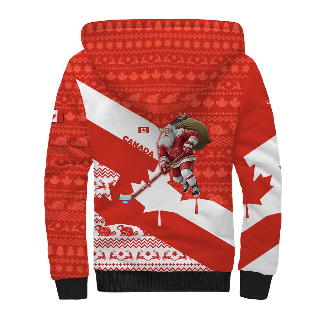 Canada Christmas Sherpa Hoodie with Santa Playing Hockey Maple Leaf Flag and Red White Knit Pattern Design - Wonder Print Shop