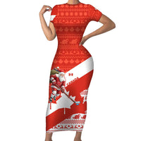 Canada Christmas Short Sleeve Bodycon Dress with Santa Playing Hockey Maple Leaf Flag and Red White Knit Pattern Design - Wonder Print Shop