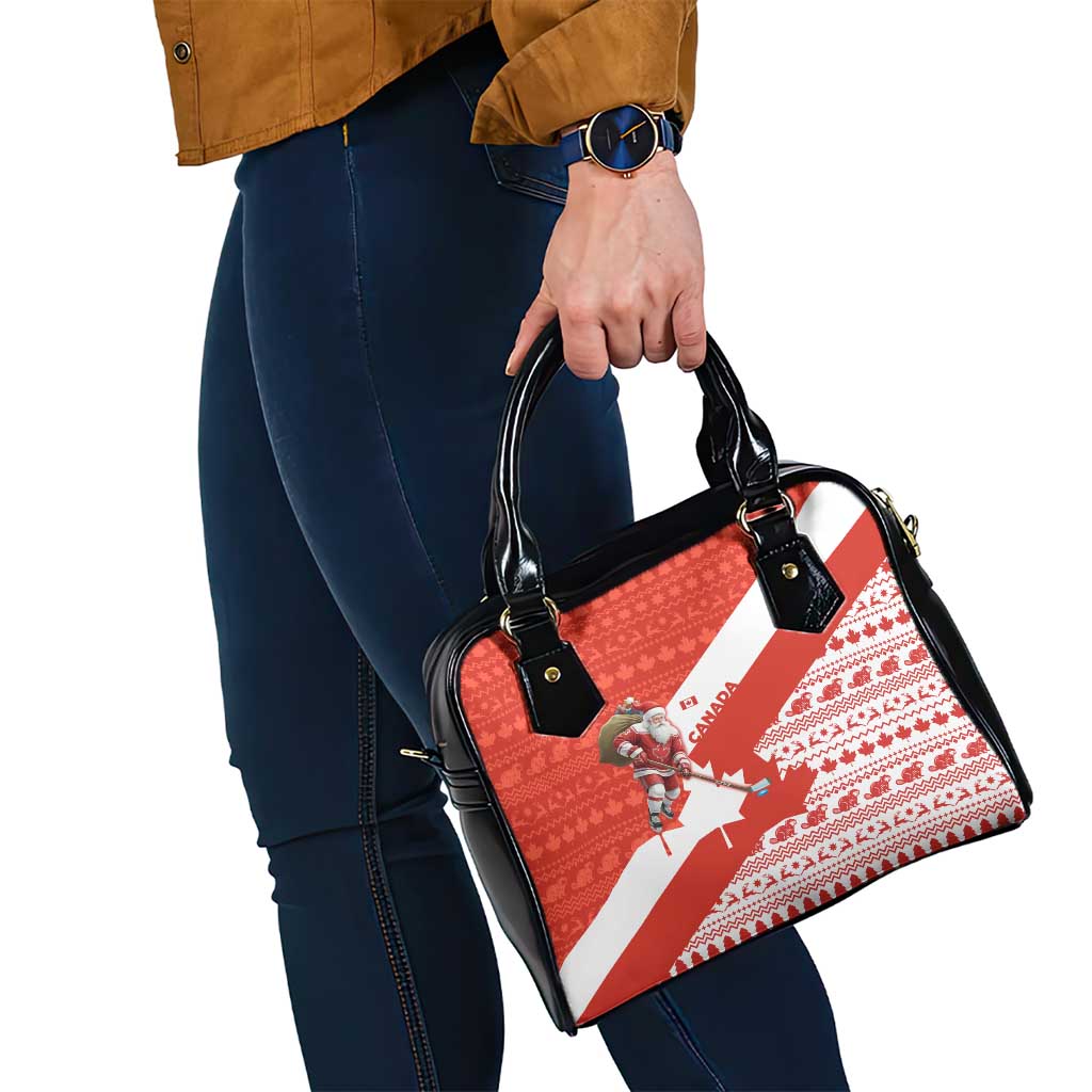 Canada Christmas Shoulder Handbag with Santa Playing Hockey Maple Leaf Flag and Red White Knit Pattern Design - Wonder Print Shop