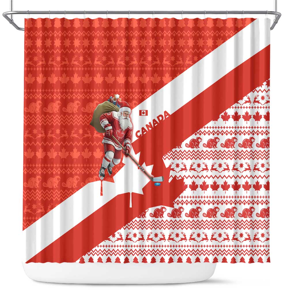 Canada Christmas Shower Curtain with Santa Playing Hockey Maple Leaf Flag and Red White Knit Pattern Design - Wonder Print Shop