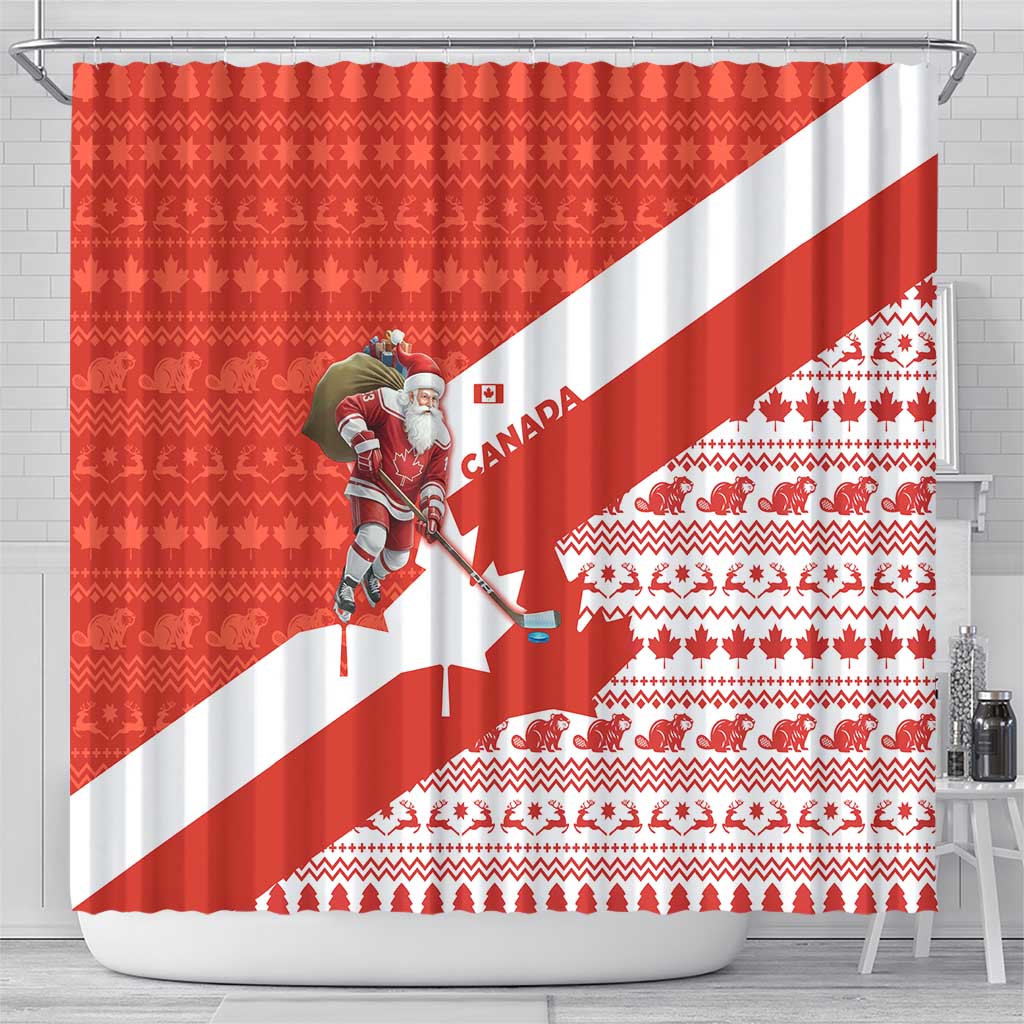 Canada Christmas Shower Curtain with Santa Playing Hockey Maple Leaf Flag and Red White Knit Pattern Design - Wonder Print Shop