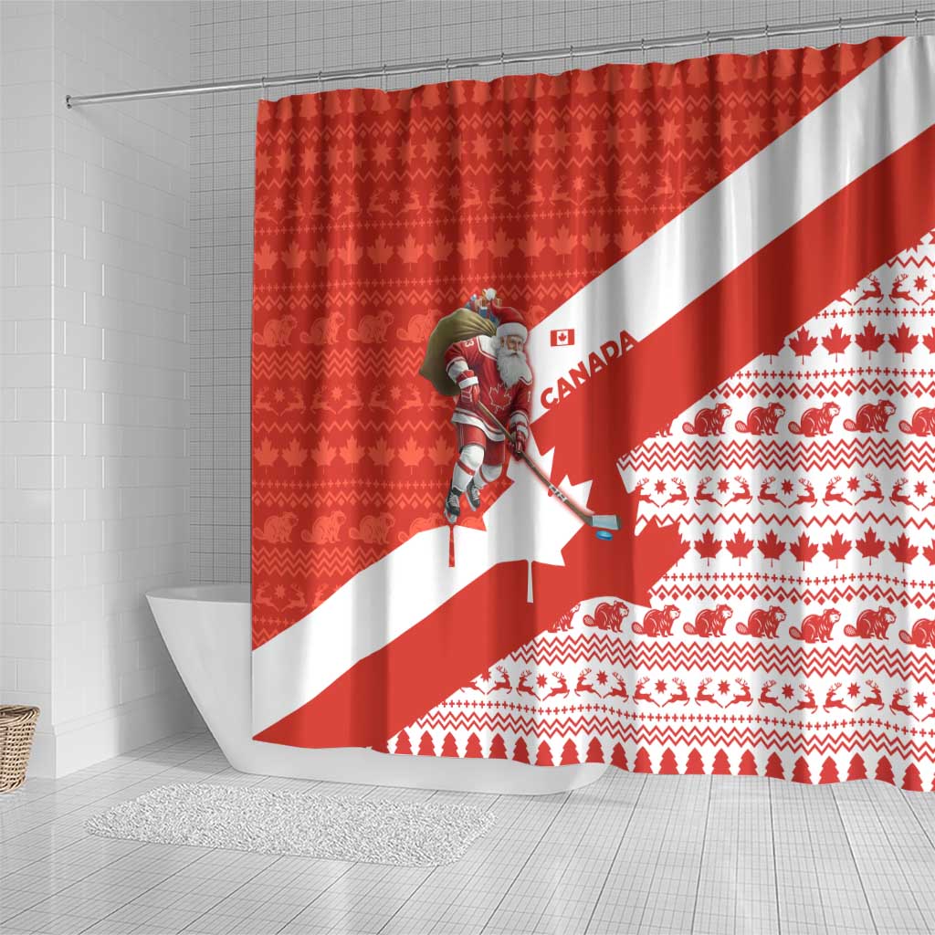 Canada Christmas Shower Curtain with Santa Playing Hockey Maple Leaf Flag and Red White Knit Pattern Design - Wonder Print Shop
