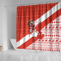 Canada Christmas Shower Curtain with Santa Playing Hockey Maple Leaf Flag and Red White Knit Pattern Design - Wonder Print Shop