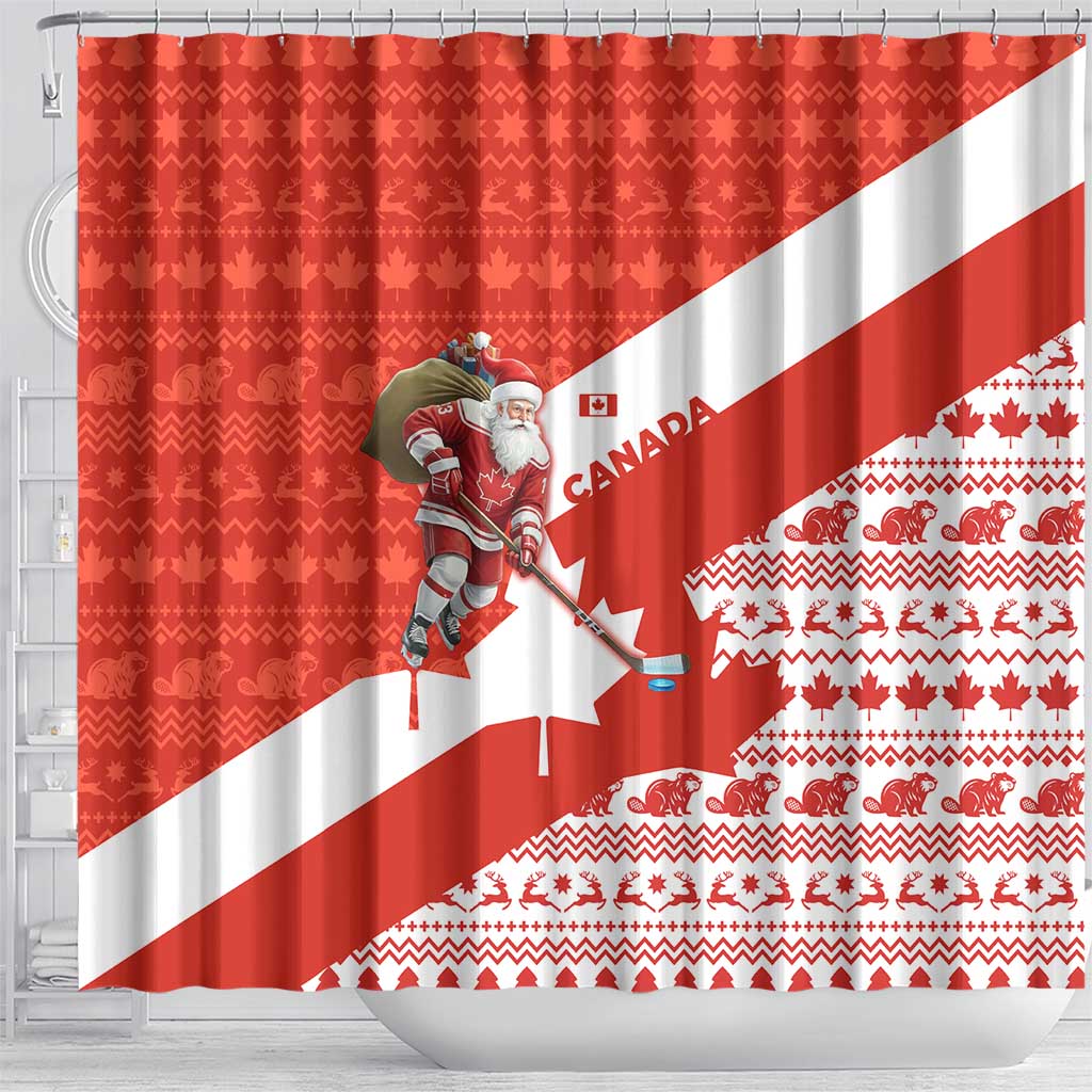 Canada Christmas Shower Curtain with Santa Playing Hockey Maple Leaf Flag and Red White Knit Pattern Design - Wonder Print Shop