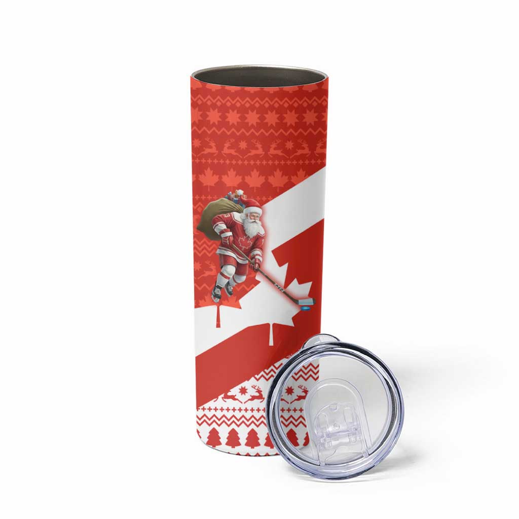 Canada Christmas Skinny Tumbler with Santa Playing Hockey Maple Leaf Flag and Red White Knit Pattern Design - Wonder Print Shop