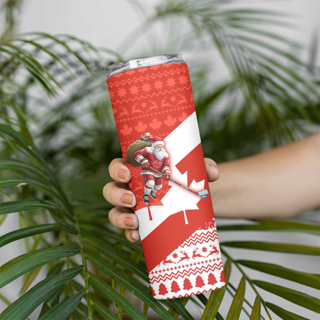Canada Christmas Skinny Tumbler with Santa Playing Hockey Maple Leaf Flag and Red White Knit Pattern Design - Wonder Print Shop