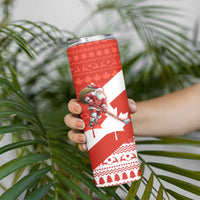 Canada Christmas Skinny Tumbler with Santa Playing Hockey Maple Leaf Flag and Red White Knit Pattern Design - Wonder Print Shop