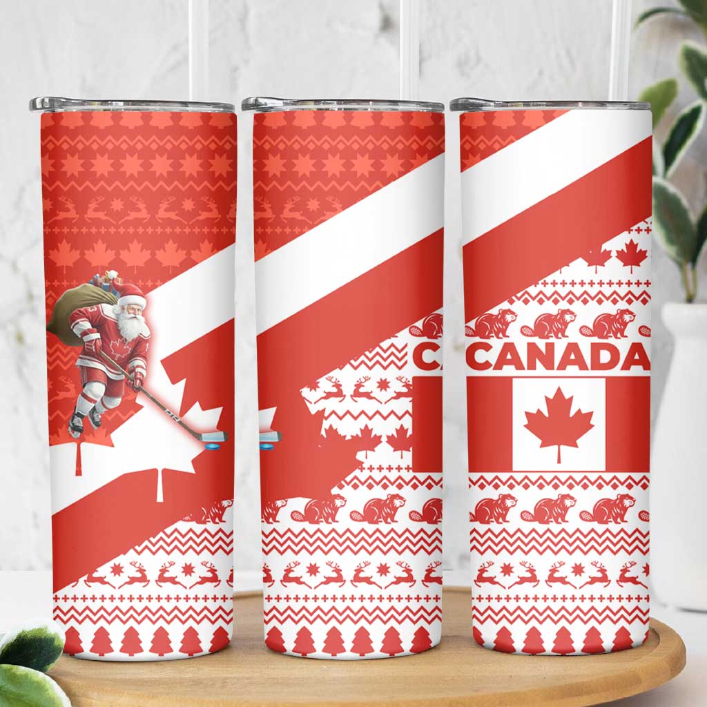 Canada Christmas Skinny Tumbler with Santa Playing Hockey Maple Leaf Flag and Red White Knit Pattern Design - Wonder Print Shop