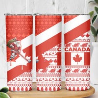 Canada Christmas Skinny Tumbler with Santa Playing Hockey Maple Leaf Flag and Red White Knit Pattern Design - Wonder Print Shop