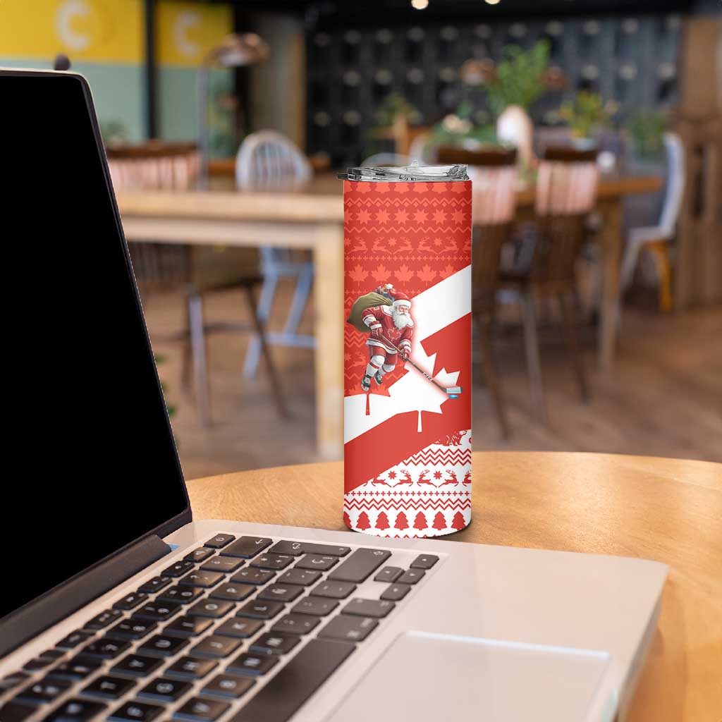 Canada Christmas Skinny Tumbler with Santa Playing Hockey Maple Leaf Flag and Red White Knit Pattern Design - Wonder Print Shop