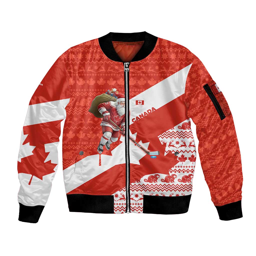 Canada Christmas Sleeve Zip Bomber Jacket with Santa Playing Hockey Maple Leaf Flag and Red White Knit Pattern Design - Wonder Print Shop