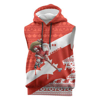 Canada Christmas Sleeveless Hoodie with Santa Playing Hockey Maple Leaf Flag and Red White Knit Pattern Design - Wonder Print Shop