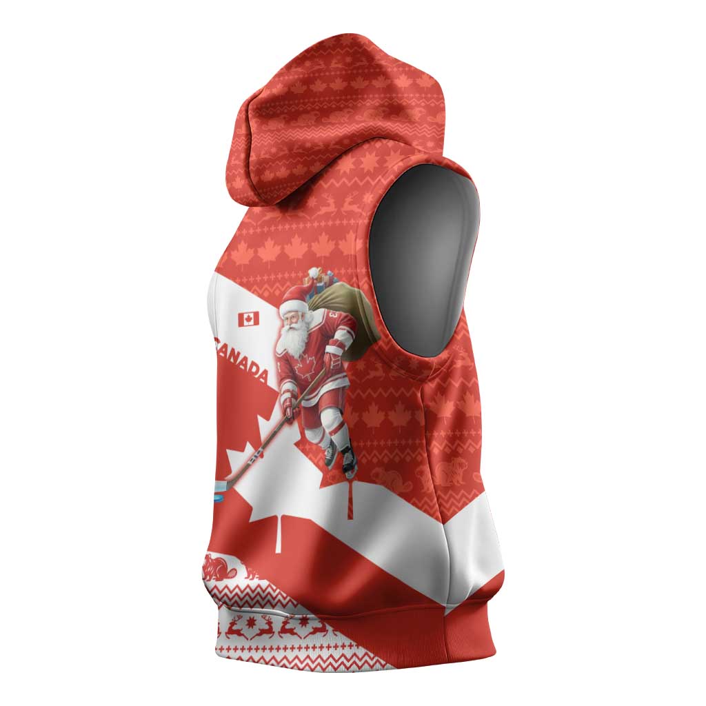 Canada Christmas Sleeveless Hoodie with Santa Playing Hockey Maple Leaf Flag and Red White Knit Pattern Design - Wonder Print Shop