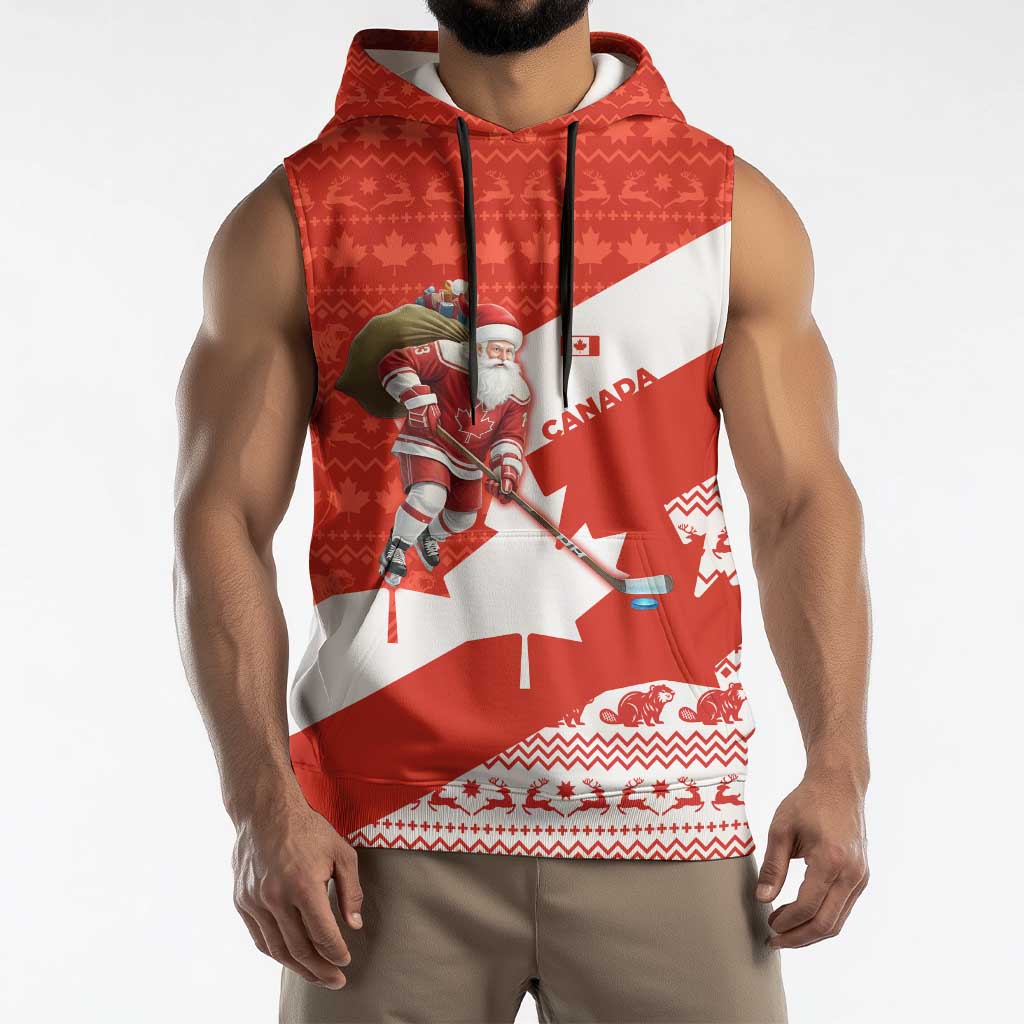 Canada Christmas Sleeveless Hoodie with Santa Playing Hockey Maple Leaf Flag and Red White Knit Pattern Design - Wonder Print Shop