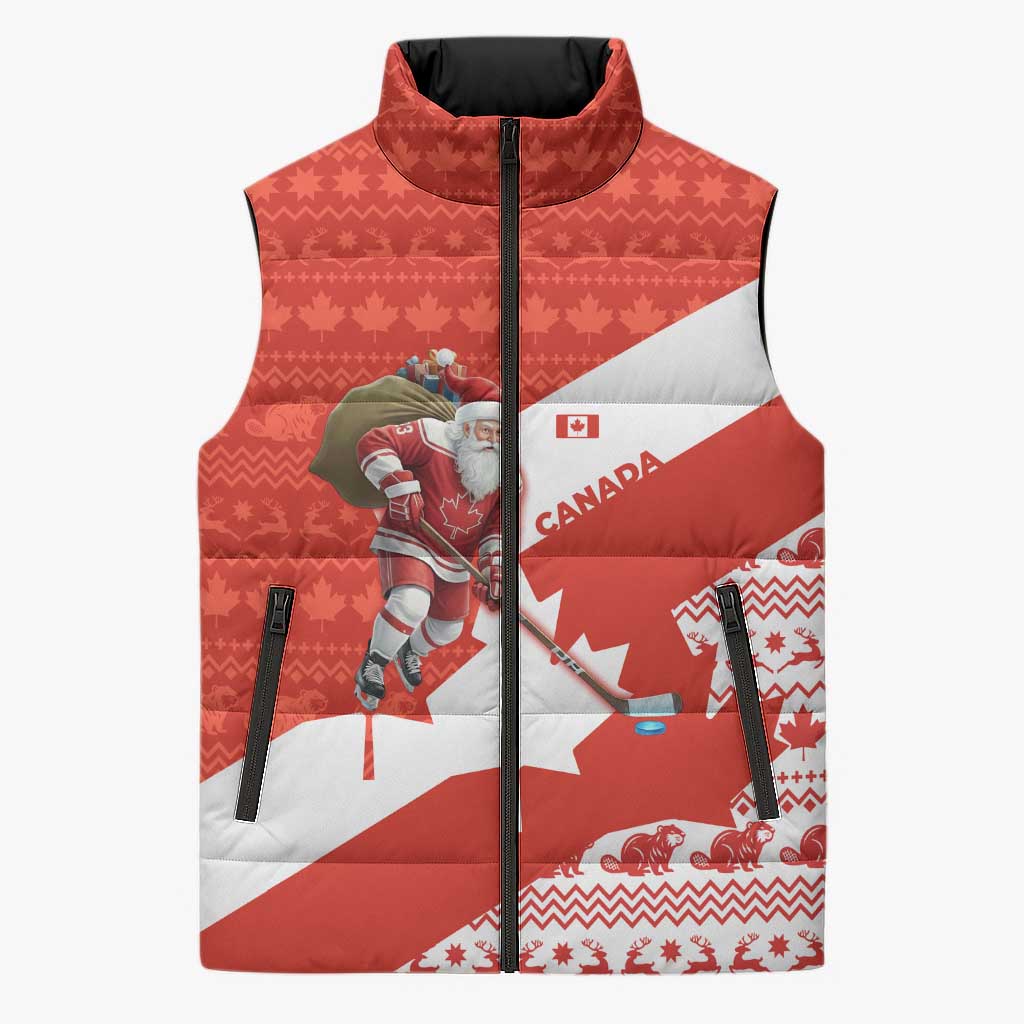 Canada Christmas Sleeveless Puffer Jacket with Santa Playing Hockey Maple Leaf Flag and Red White Knit Pattern Design - Wonder Print Shop