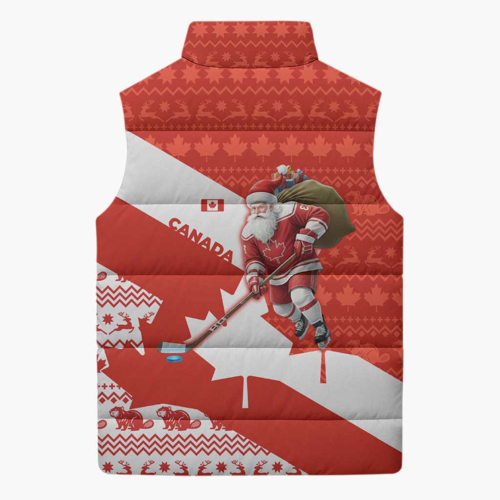 Canada Christmas Sleeveless Puffer Jacket with Santa Playing Hockey Maple Leaf Flag and Red White Knit Pattern Design - Wonder Print Shop