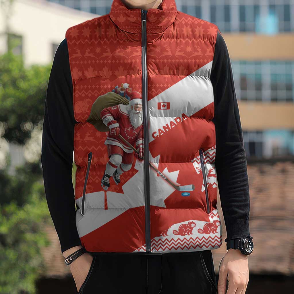 Canada Christmas Sleeveless Puffer Jacket with Santa Playing Hockey Maple Leaf Flag and Red White Knit Pattern Design - Wonder Print Shop