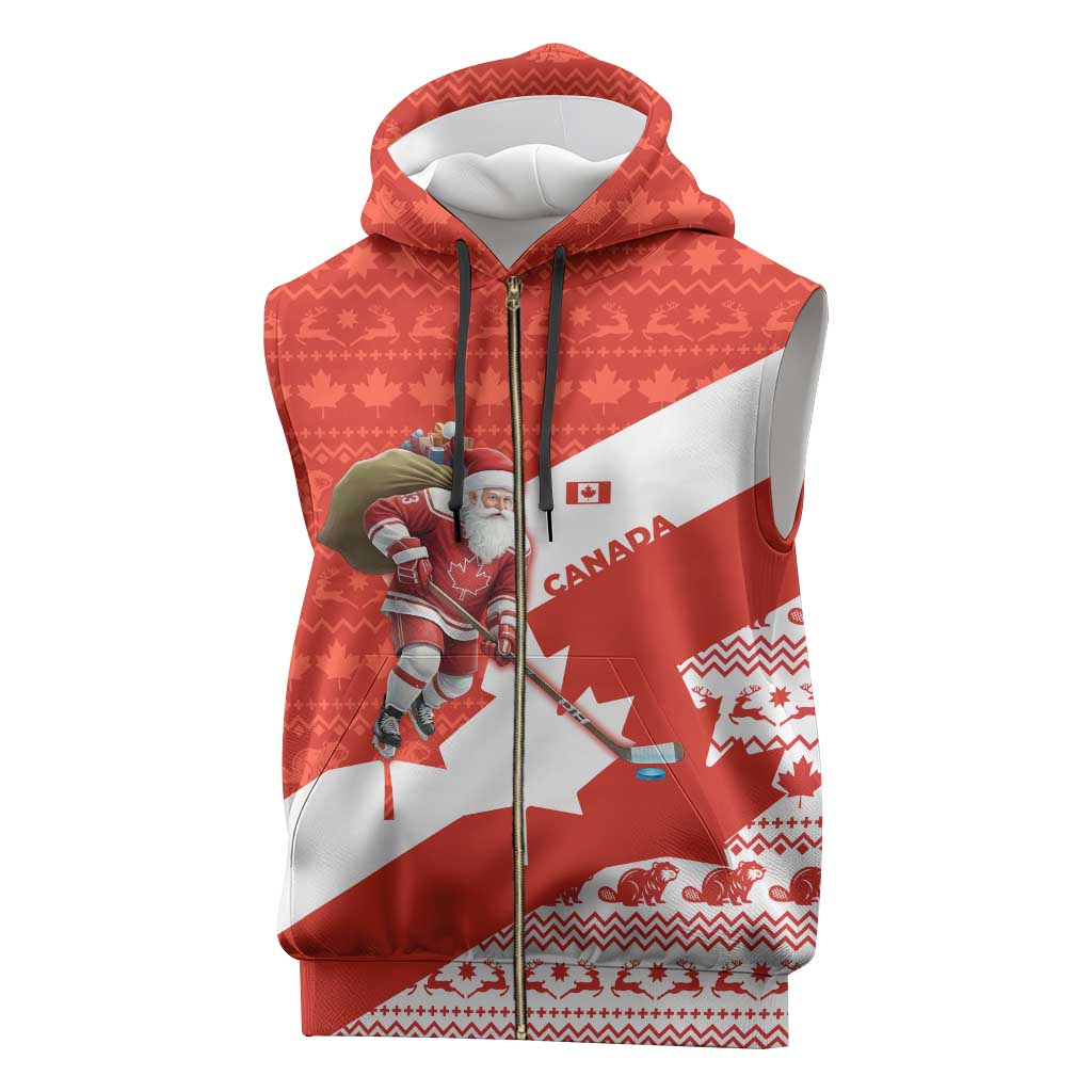 Canada Christmas Sleeveless Zip Hoodie with Santa Playing Hockey Maple Leaf Flag and Red White Knit Pattern Design - Wonder Print Shop