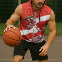 Canada Christmas Sleeveless Zip Hoodie with Santa Playing Hockey Maple Leaf Flag and Red White Knit Pattern Design - Wonder Print Shop