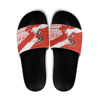 Canada Christmas Slide Sandals with Santa Playing Hockey Maple Leaf Flag and Red White Knit Pattern Design - Wonder Print Shop