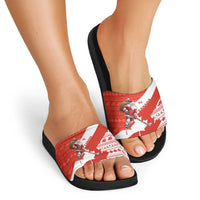 Canada Christmas Slide Sandals with Santa Playing Hockey Maple Leaf Flag and Red White Knit Pattern Design - Wonder Print Shop