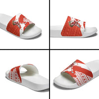 Canada Christmas Slide Sandals with Santa Playing Hockey Maple Leaf Flag and Red White Knit Pattern Design - Wonder Print Shop