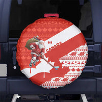 Canada Christmas Spare Tire Cover with Santa Playing Hockey Maple Leaf Flag and Red White Knit Pattern Design - Wonder Print Shop