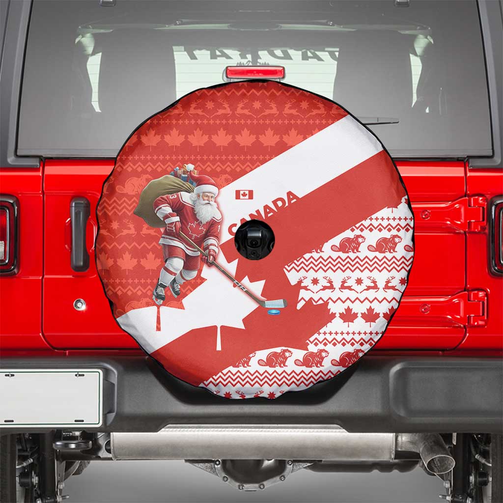Canada Christmas Spare Tire Cover with Santa Playing Hockey Maple Leaf Flag and Red White Knit Pattern Design - Wonder Print Shop