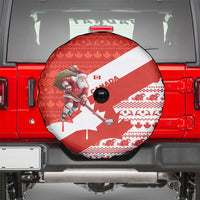 Canada Christmas Spare Tire Cover with Santa Playing Hockey Maple Leaf Flag and Red White Knit Pattern Design - Wonder Print Shop