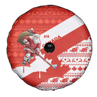 Canada Christmas Spare Tire Cover with Santa Playing Hockey Maple Leaf Flag and Red White Knit Pattern Design - Wonder Print Shop