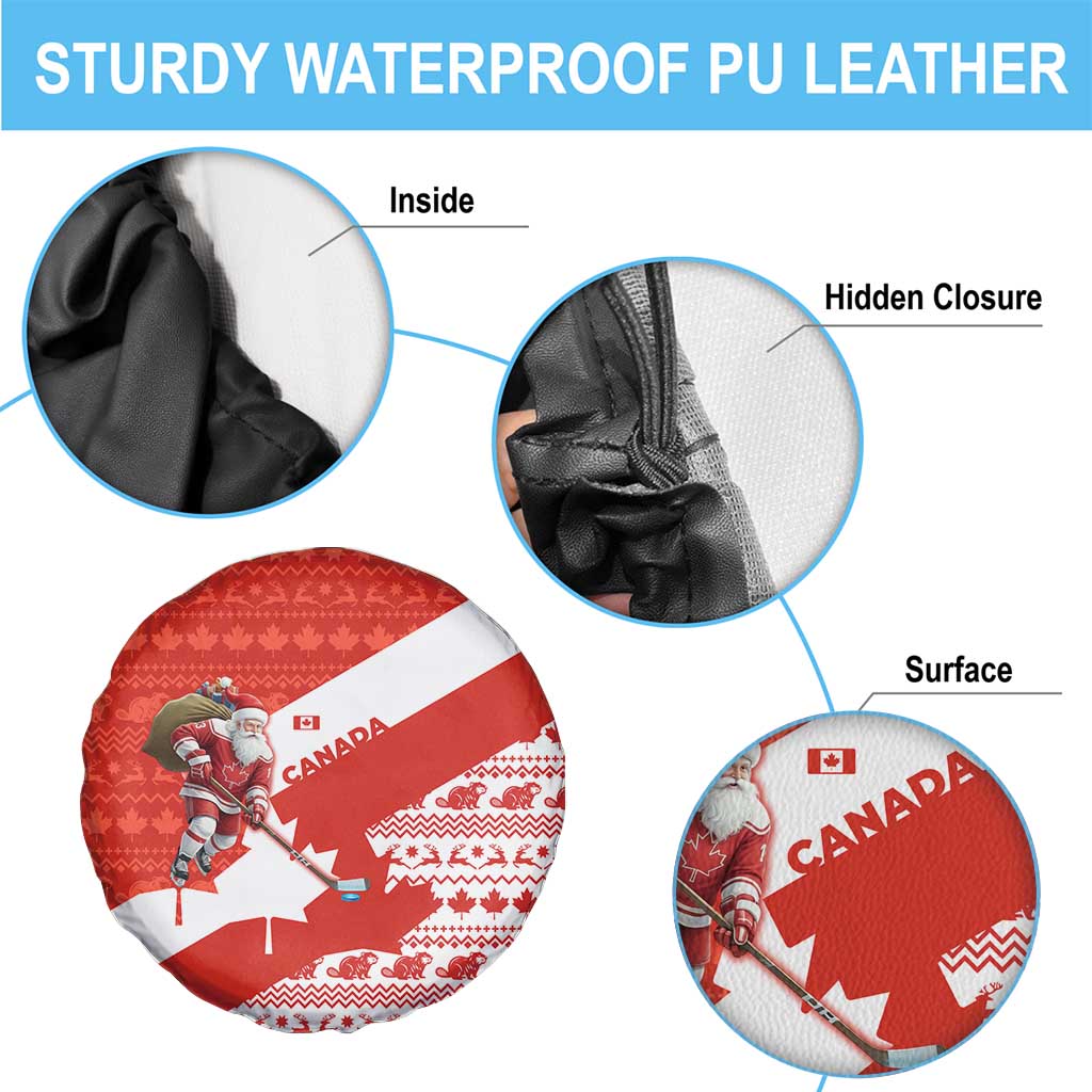 Canada Christmas Spare Tire Cover with Santa Playing Hockey Maple Leaf Flag and Red White Knit Pattern Design - Wonder Print Shop