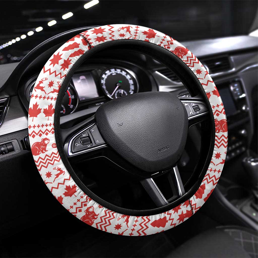 Canada Christmas Steering Wheel Cover with Santa Playing Hockey Maple Leaf Flag and Red White Knit Pattern Design - Wonder Print Shop