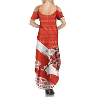 Canada Christmas Summer Maxi Dress with Santa Playing Hockey Maple Leaf Flag and Red White Knit Pattern Design - Wonder Print Shop