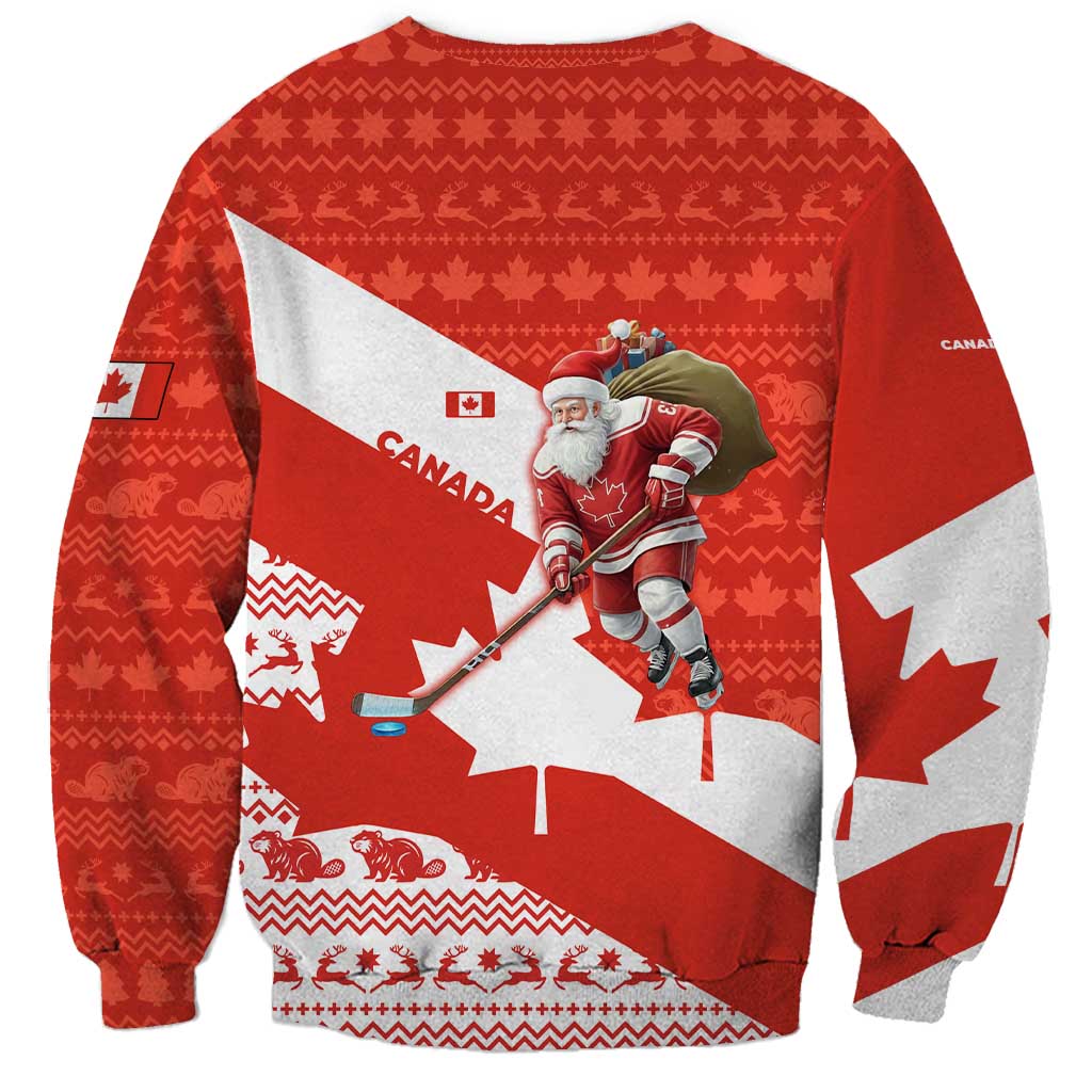 Canada Christmas Sweatshirt with Santa Playing Hockey Maple Leaf Flag and Red White Knit Pattern Design - Wonder Print Shop