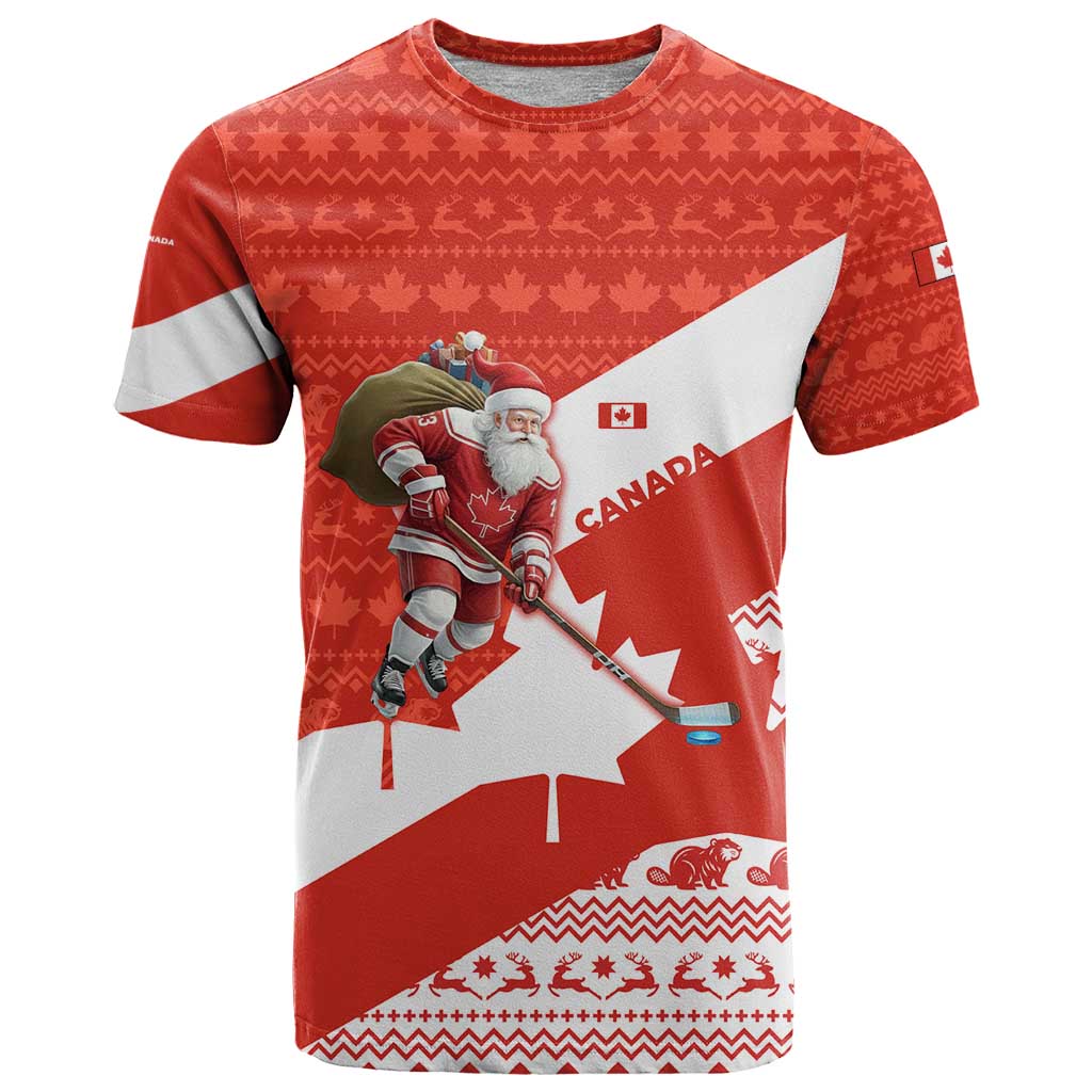 Canada Christmas T Shirt with Santa Playing Hockey Maple Leaf Flag and Red White Knit Pattern Design - Wonder Print Shop