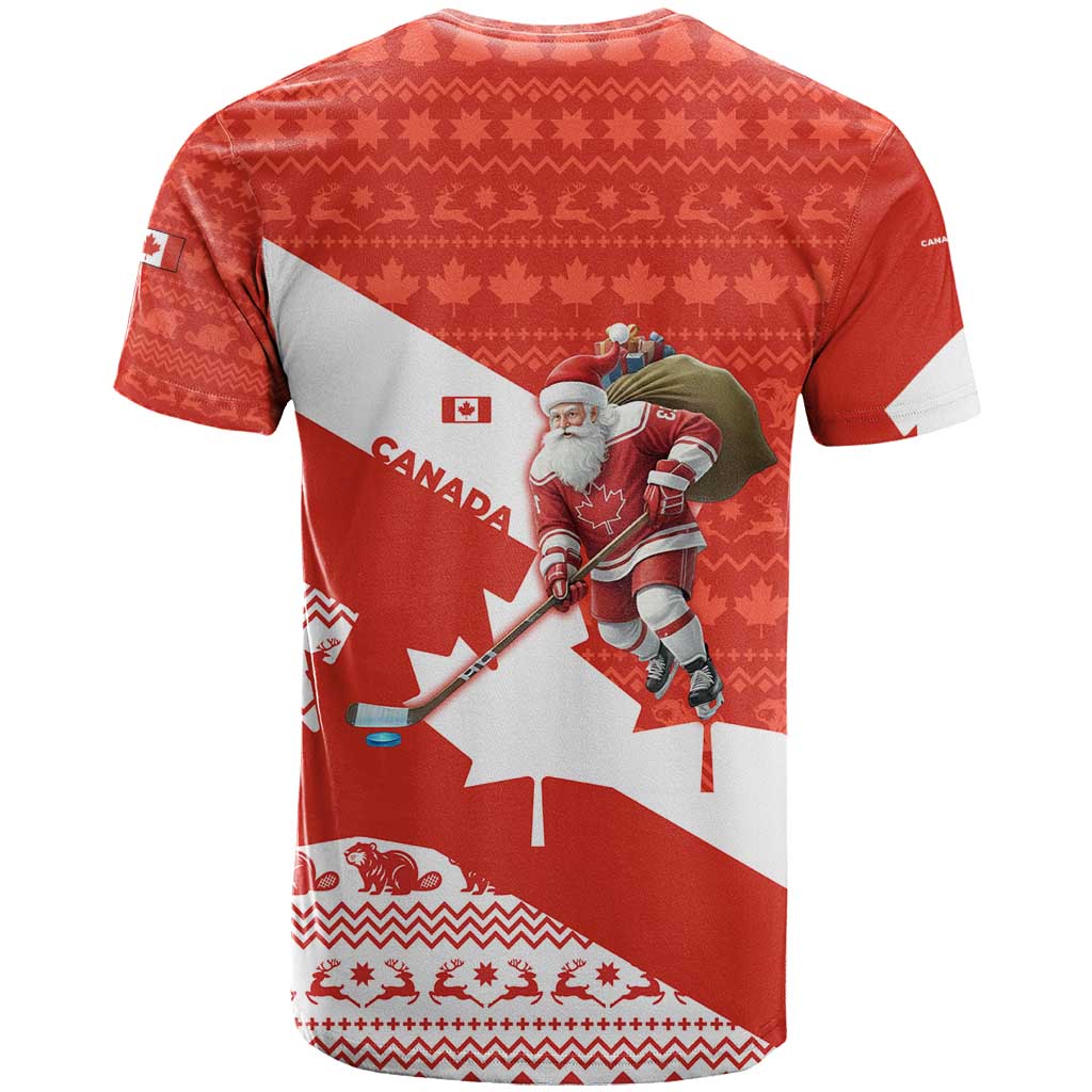 Canada Christmas T Shirt with Santa Playing Hockey Maple Leaf Flag and Red White Knit Pattern Design - Wonder Print Shop