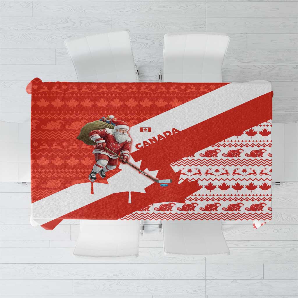 Canada Christmas Tablecloth with Santa Playing Hockey Maple Leaf Flag and Red White Knit Pattern Design - Wonder Print Shop