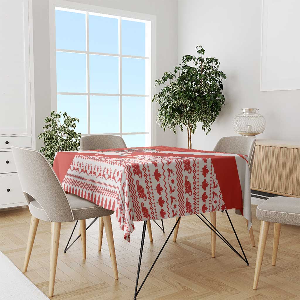 Canada Christmas Tablecloth with Santa Playing Hockey Maple Leaf Flag and Red White Knit Pattern Design - Wonder Print Shop