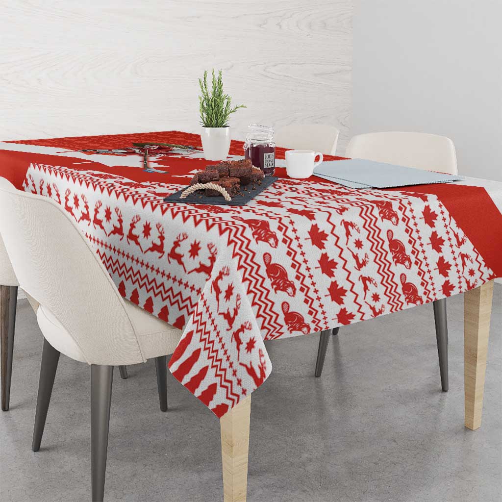 Canada Christmas Tablecloth with Santa Playing Hockey Maple Leaf Flag and Red White Knit Pattern Design - Wonder Print Shop