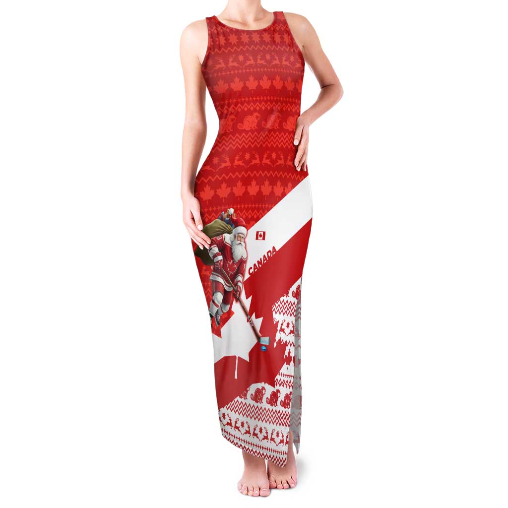 Canada Christmas Tank Maxi Dress with Santa Playing Hockey Maple Leaf Flag and Red White Knit Pattern Design - Wonder Print Shop