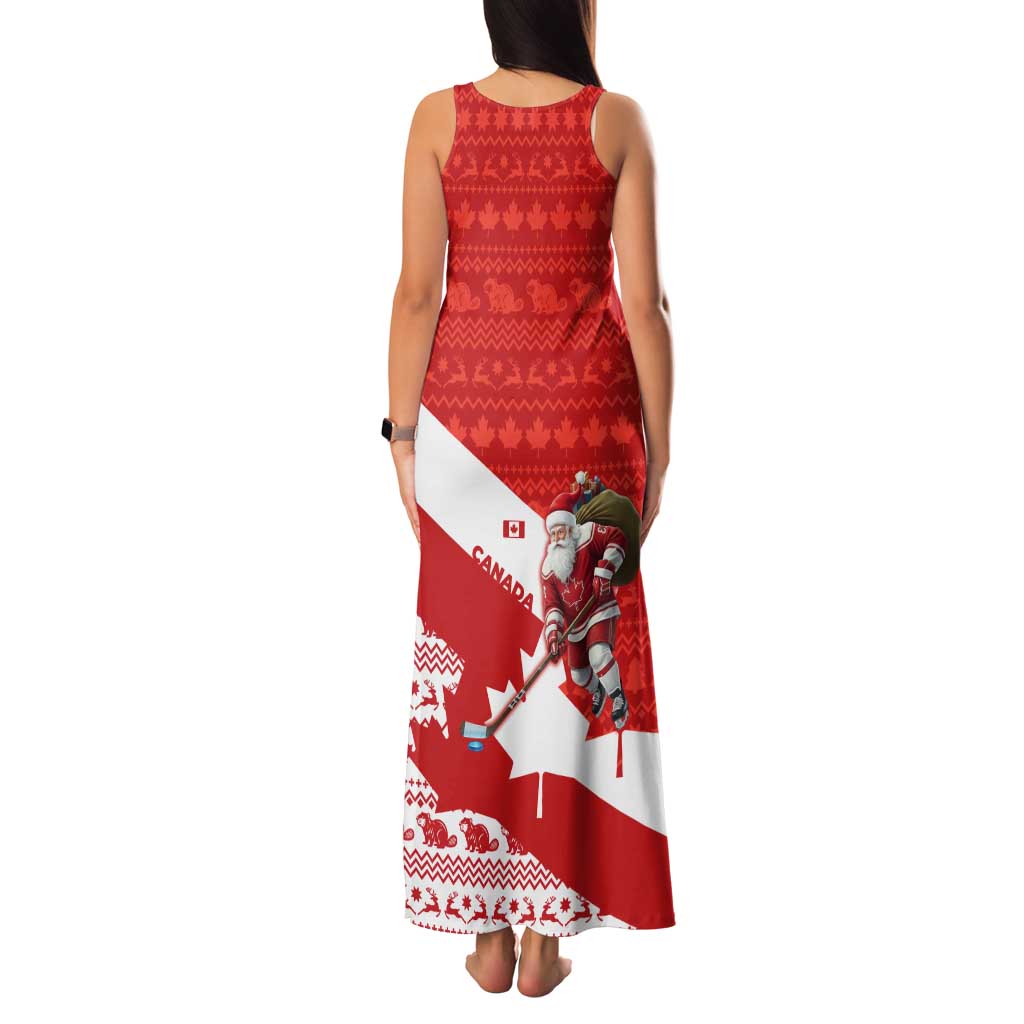 Canada Christmas Tank Maxi Dress with Santa Playing Hockey Maple Leaf Flag and Red White Knit Pattern Design - Wonder Print Shop