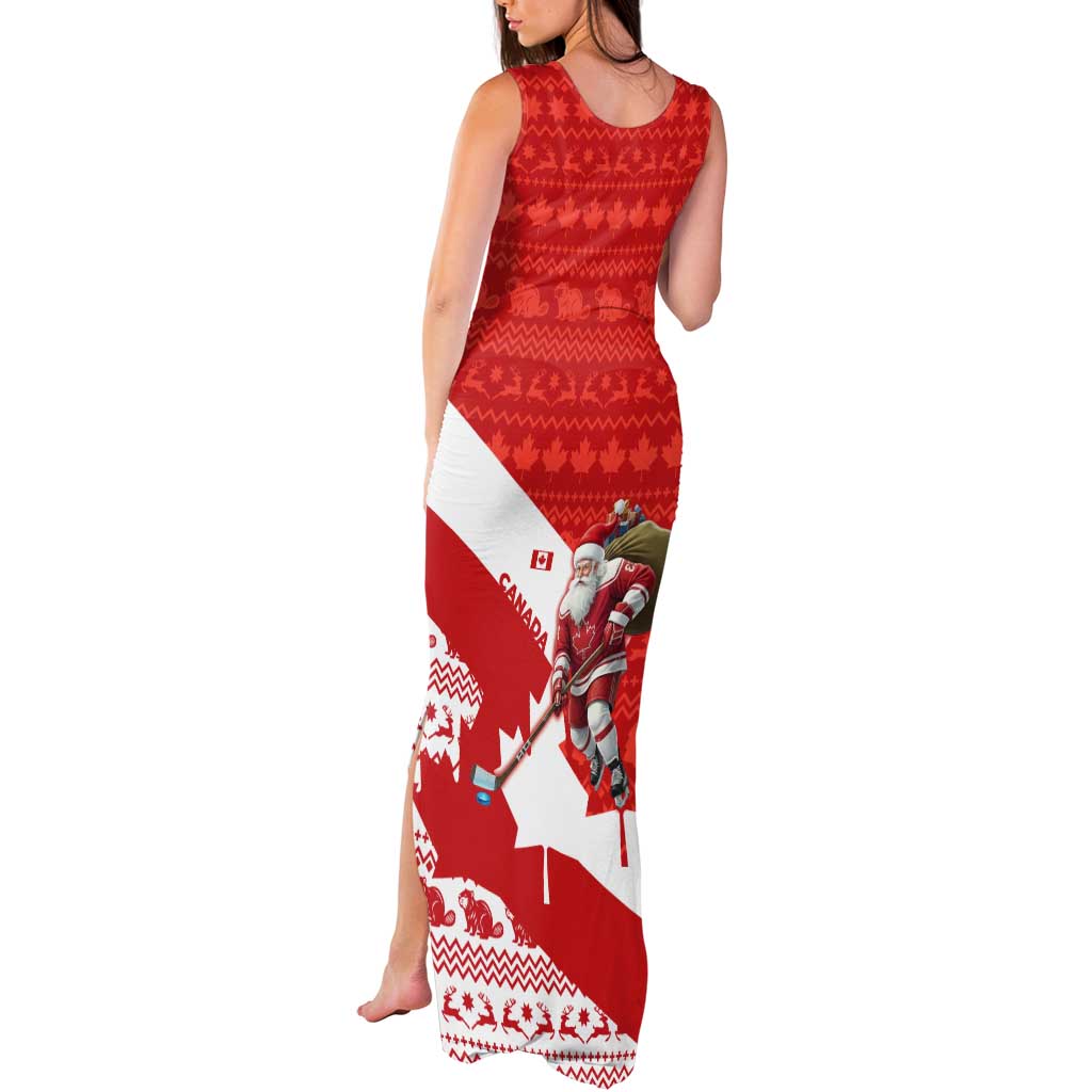 Canada Christmas Tank Maxi Dress with Santa Playing Hockey Maple Leaf Flag and Red White Knit Pattern Design - Wonder Print Shop