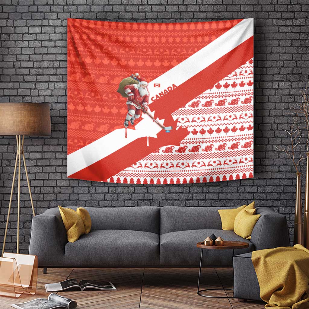 Canada Christmas Tapestry with Santa Playing Hockey Maple Leaf Flag and Red White Knit Pattern Design - Wonder Print Shop