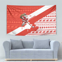 Canada Christmas Tapestry with Santa Playing Hockey Maple Leaf Flag and Red White Knit Pattern Design - Wonder Print Shop