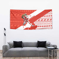Canada Christmas Tapestry with Santa Playing Hockey Maple Leaf Flag and Red White Knit Pattern Design - Wonder Print Shop