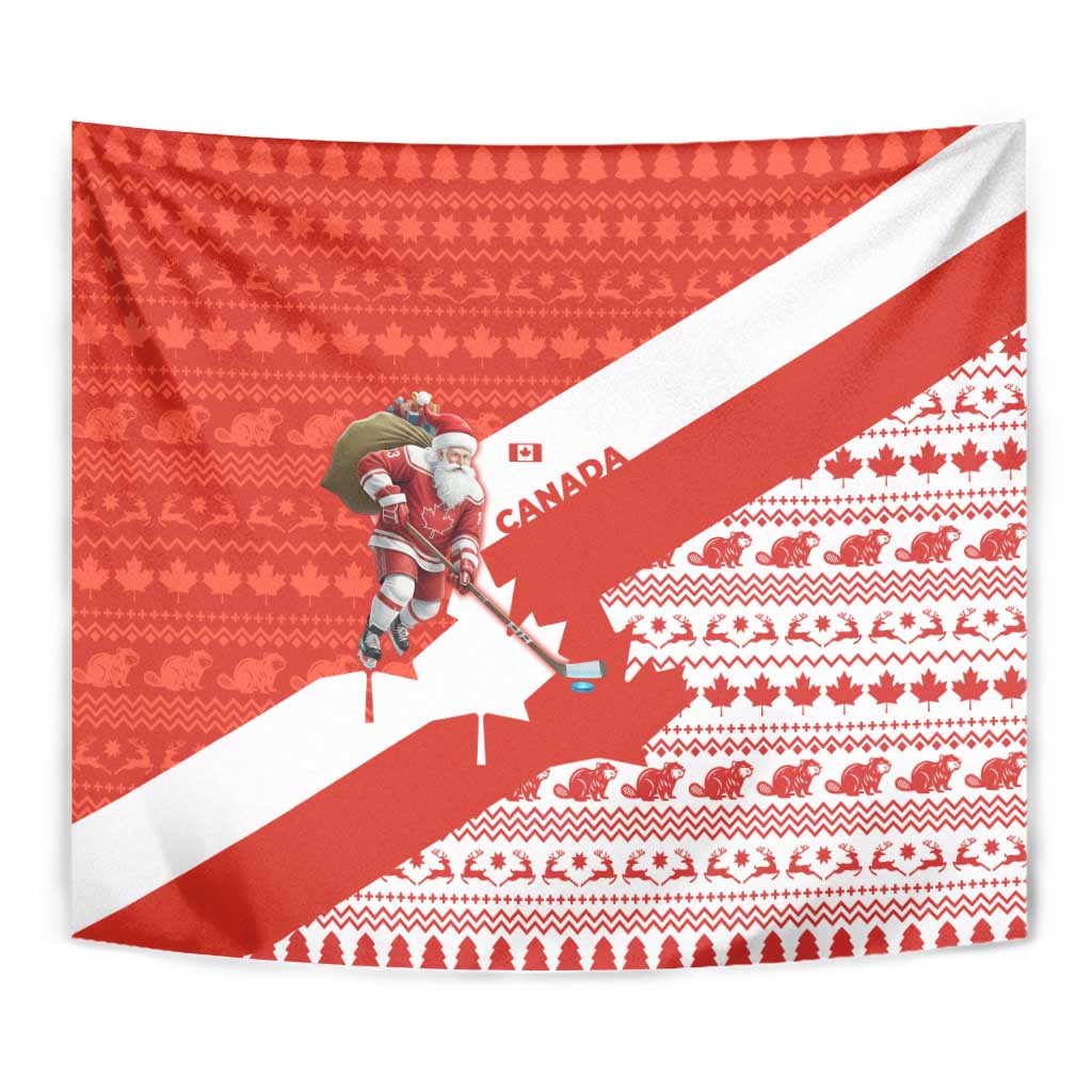Canada Christmas Tapestry with Santa Playing Hockey Maple Leaf Flag and Red White Knit Pattern Design - Wonder Print Shop